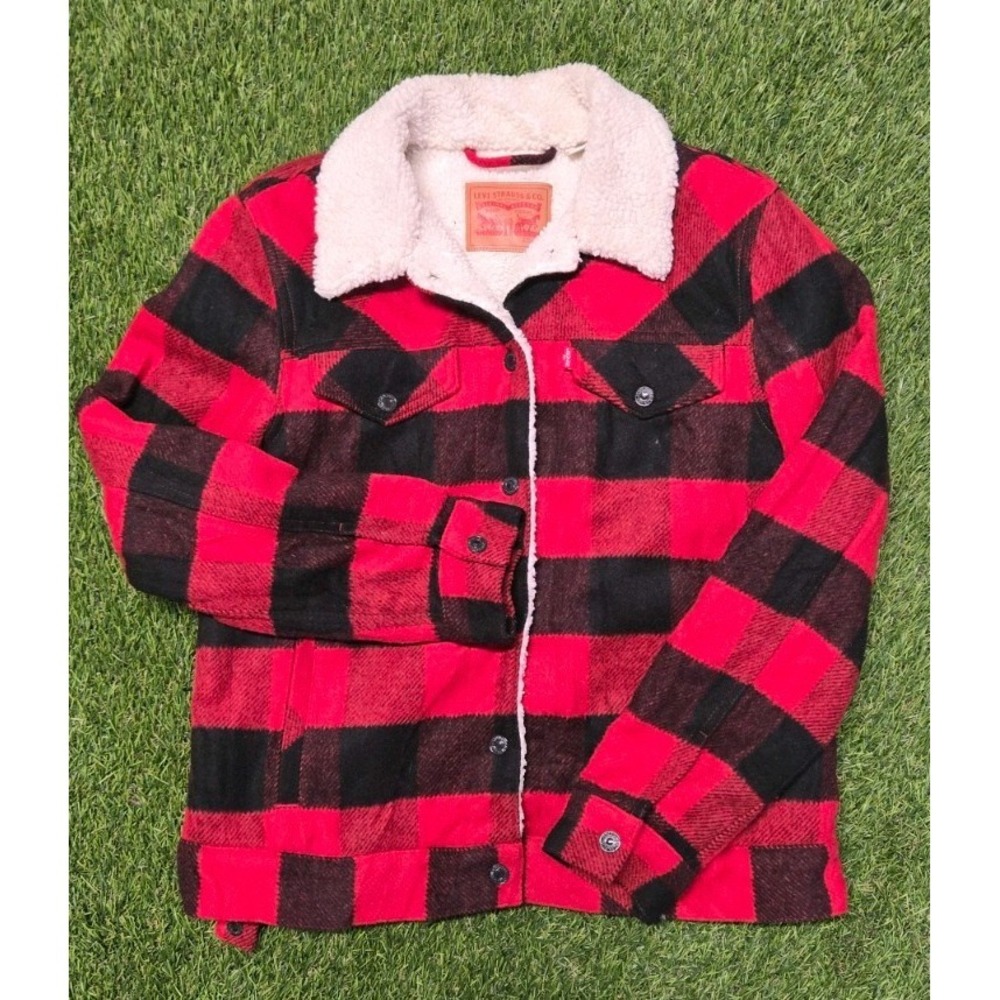 Levi's Sherpa Lined Trucker Jacket Mens Medium Red Plaid Tartan Snap Outdoors
